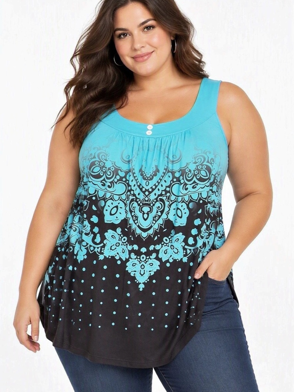 Boho Turquoise Black Ombre Paisley Border Print Tank Top Flowy Sleeveless Camiso